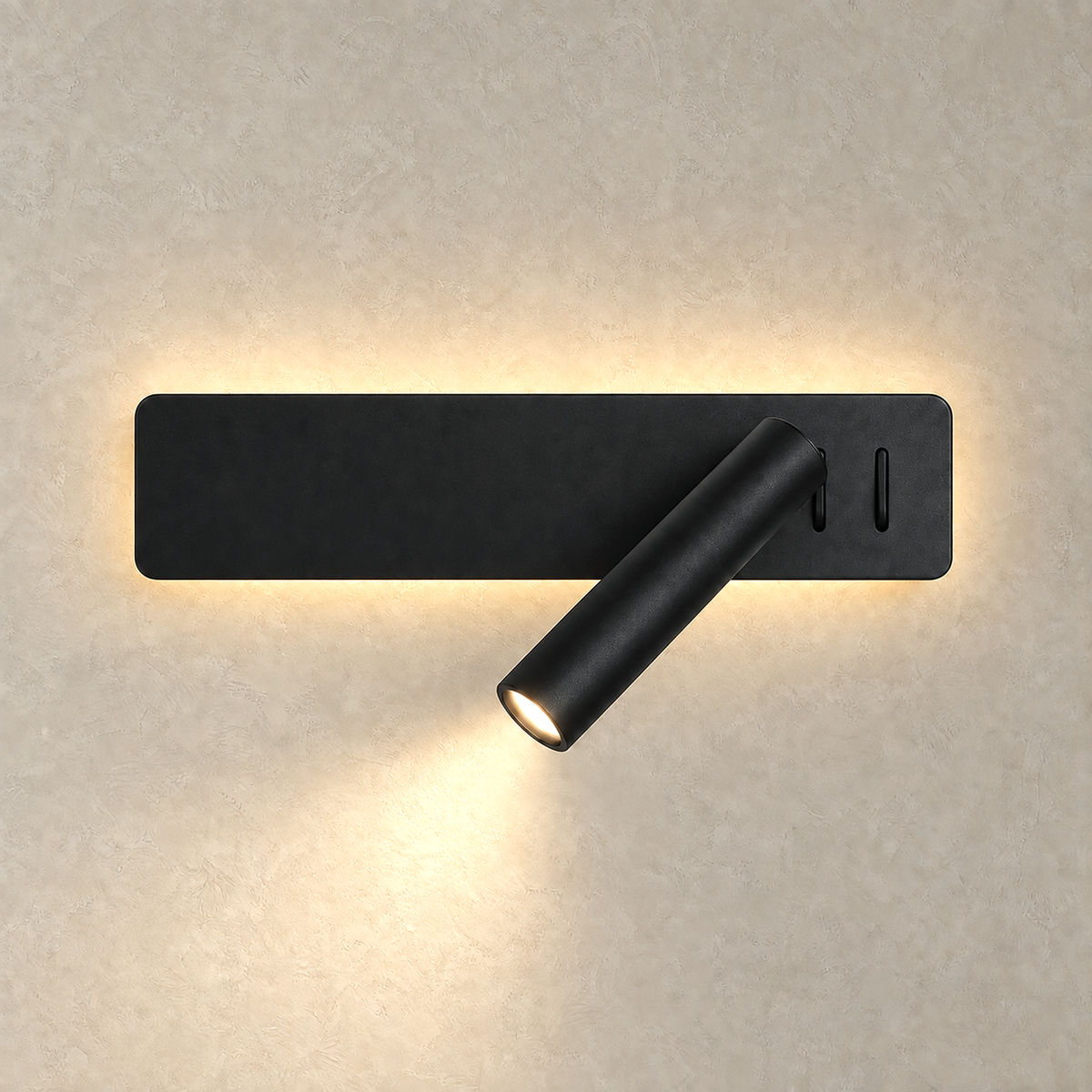 Vemirsa black LED wall sconce lit with its reading head and ambient backlight together