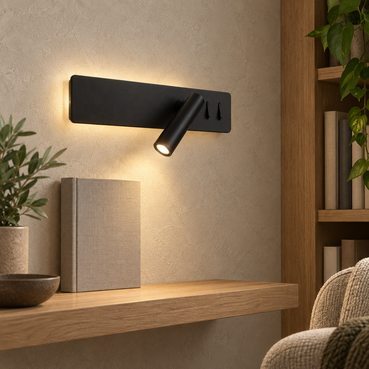 Vemirsa black LED wall sconce seen from the side showing its slim rectangular iron backplate