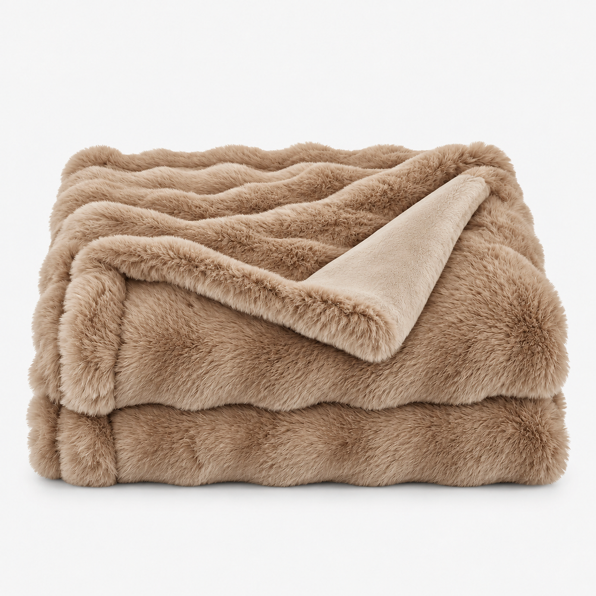 Vemorila camel beige faux fur blanket folded loosely on a white backdrop #color_camel beige