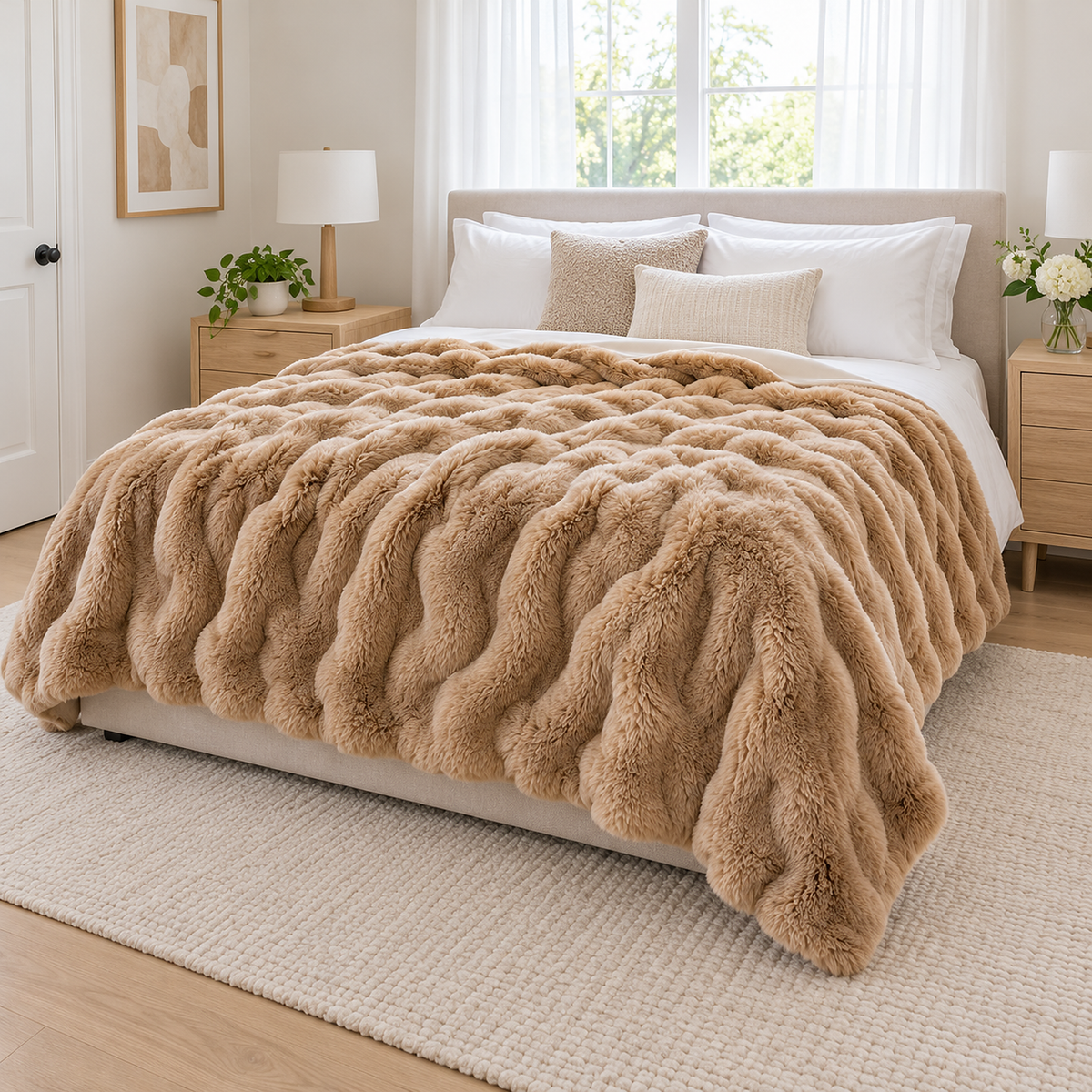 Vemorila camel beige faux fur throw blanket laid across a bed in an airy bedroom #color_camel beige
