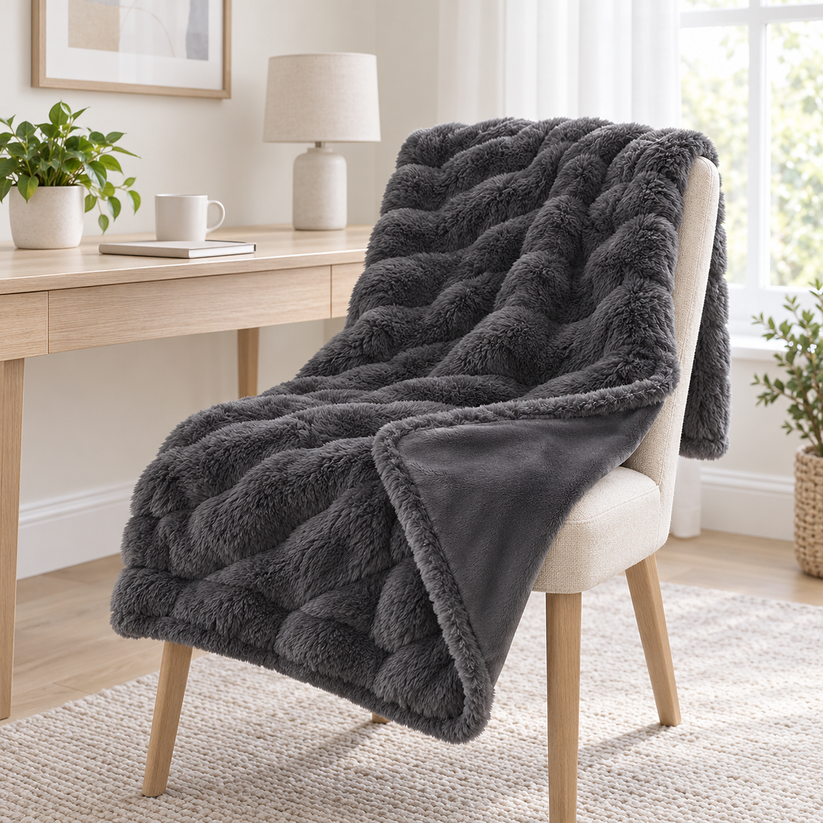 Vemorila dark gray faux fur blanket with a corner turned back to show the smooth milk velvet reverse