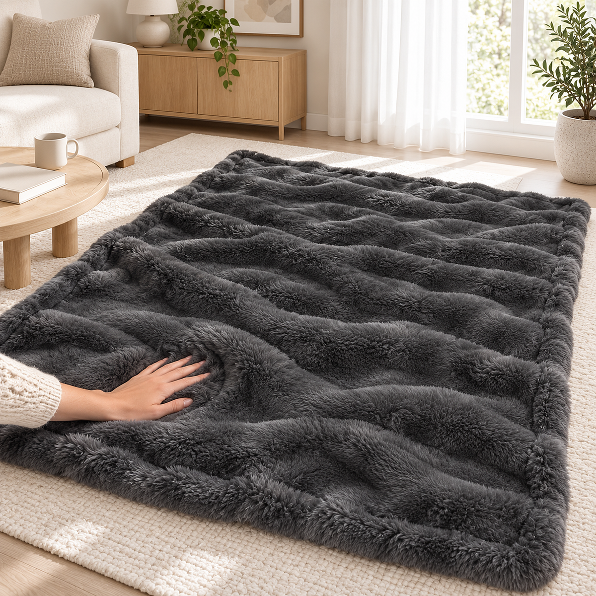 Vemorila dark gray faux fur blanket with a resting hand pressed into the dense fur pile