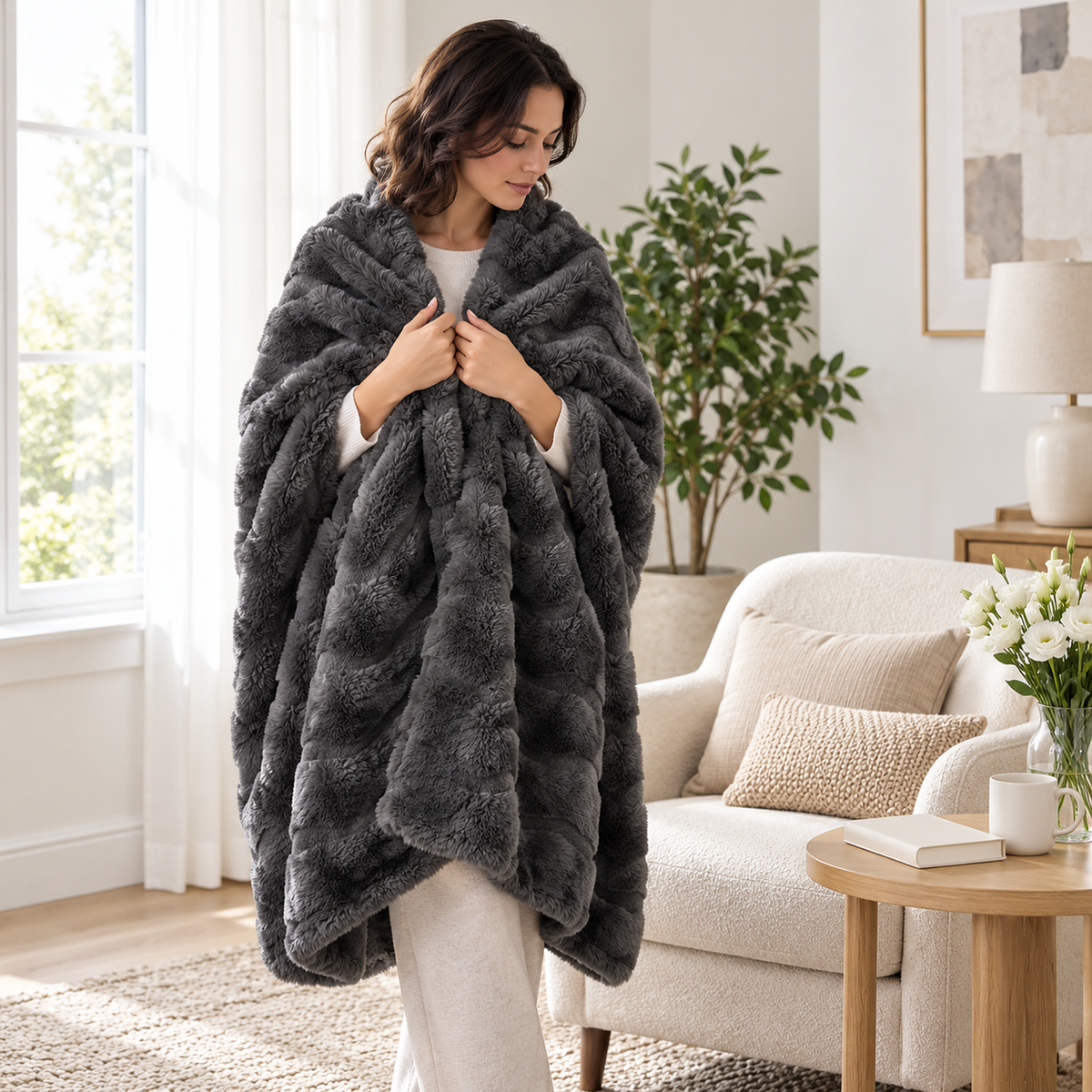 Vemorila dark gray faux fur blanket wrapped around the shoulders of an adult in a bright sitting room