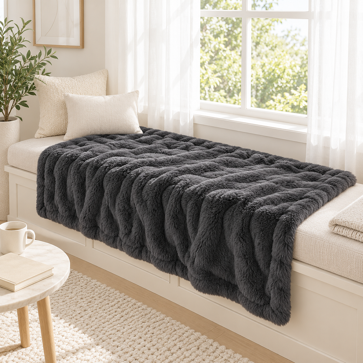 Vemorila dark gray faux fur throw blanket opened across a window seat in a breakfast room