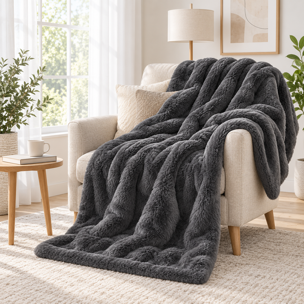 Vemorila dark gray solid color faux fur blanket folded over an armchair in a bright study reading nook