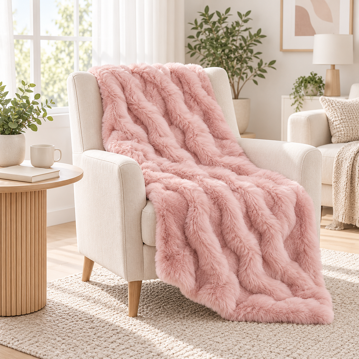 Vemorila dusty pink faux fur blanket draped over an ivory armchair in a pale sitting alcove #color_dusty pink