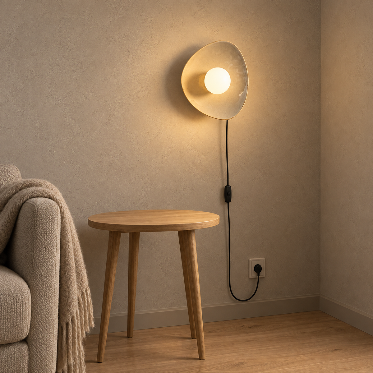 Venalti taupe LED wall sconce lit above an empty side table in a living room
