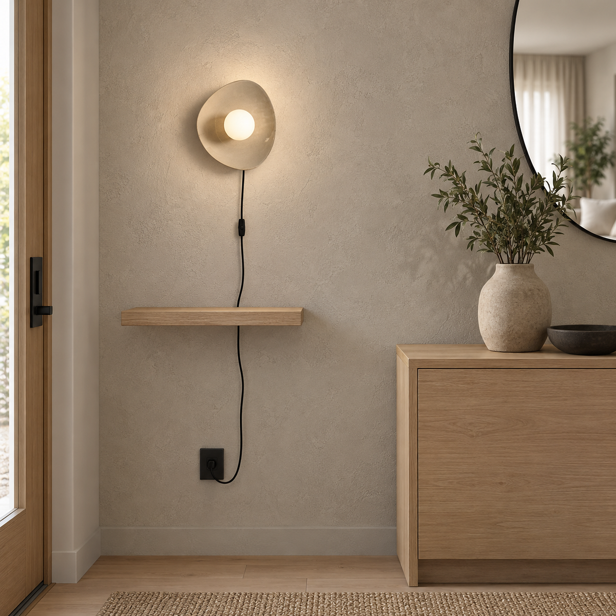 Venalti taupe plug in wall sconce lit in an entry hall with its outlet connection visible
