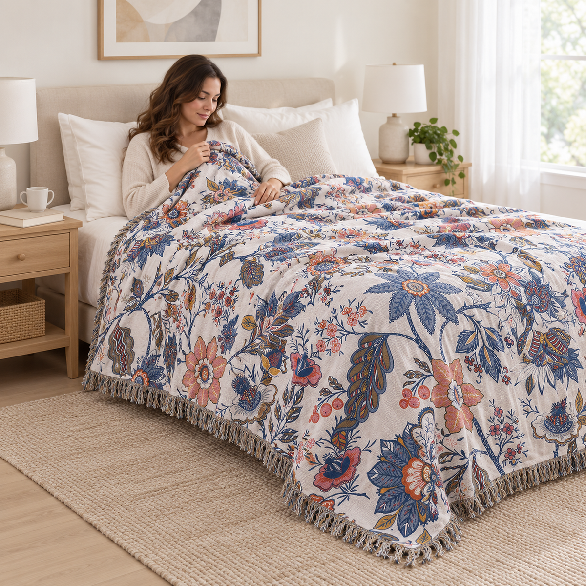 Venolma coral and pink floral cotton throw blanket covering an adult resting in bed