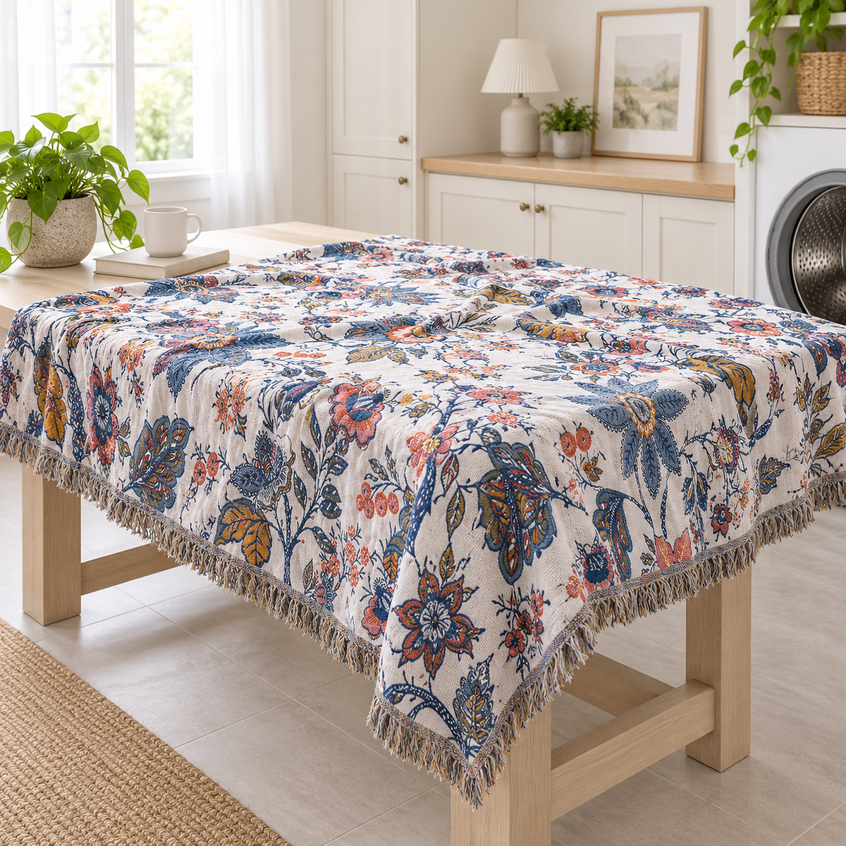 Venolma coral and pink floral cotton throw blanket, machine washable, ready beside a home washer