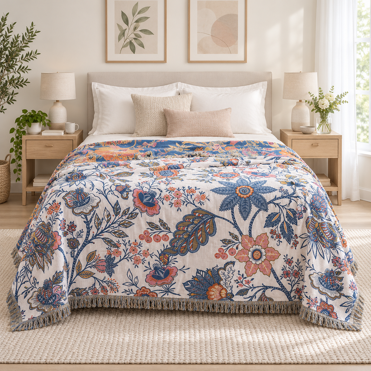 Venolma coral and pink floral oversized throw blanket centered on a queen bed with even overhang