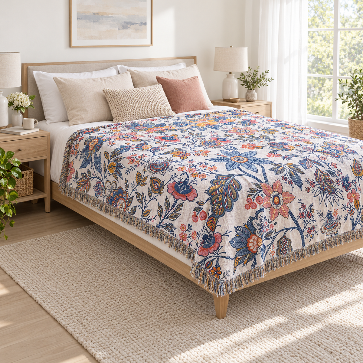 Venolma coral and pink floral oversized throw blanket used as a lightweight bedspread on a guest bed