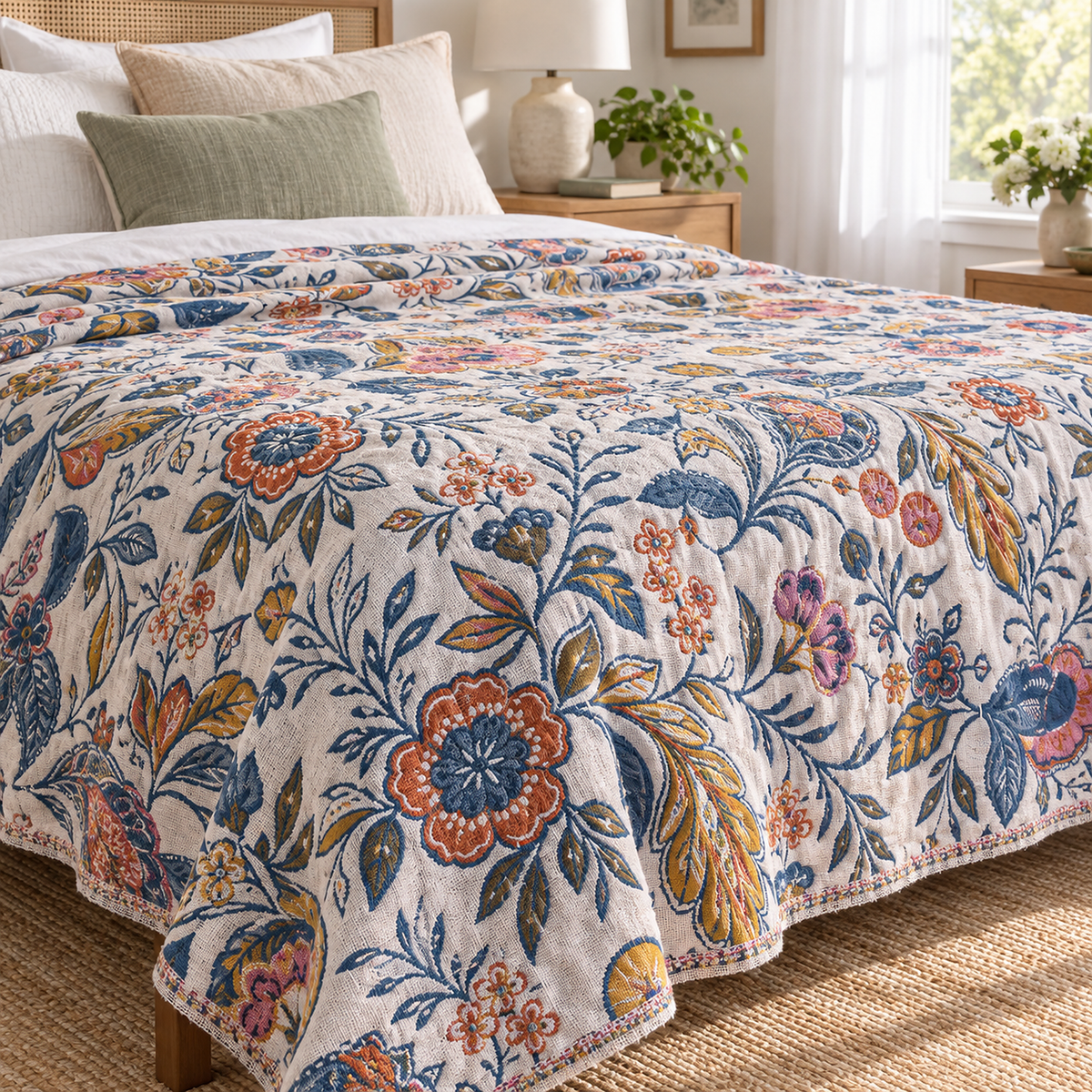 Venolma coral and pink floral soft throw blanket with a woven face, laid by pillows in a bright bedroom
