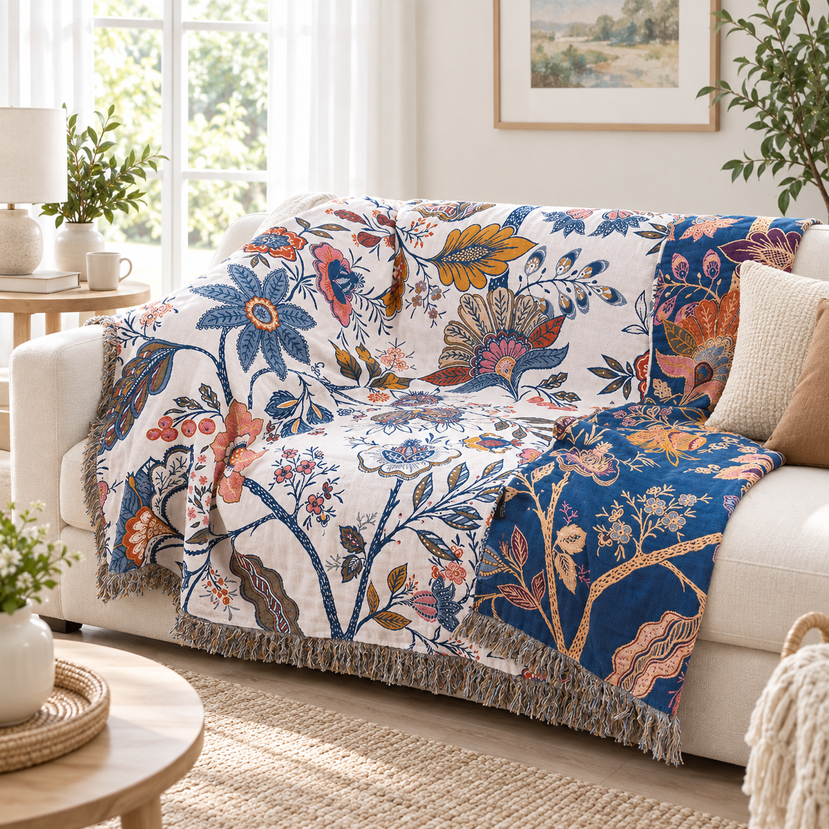 Venolma coral and pink floral throw blanket open across an ivory living room sofa
