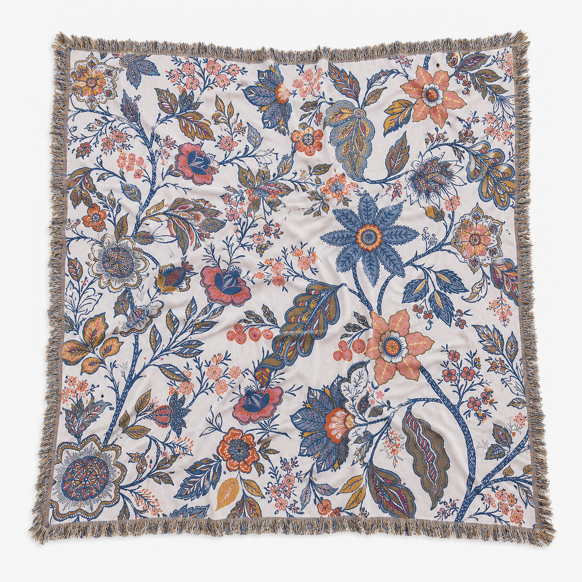 Venolma cotton jacquard blanket in coral and pink floral, the whole woven face laid open