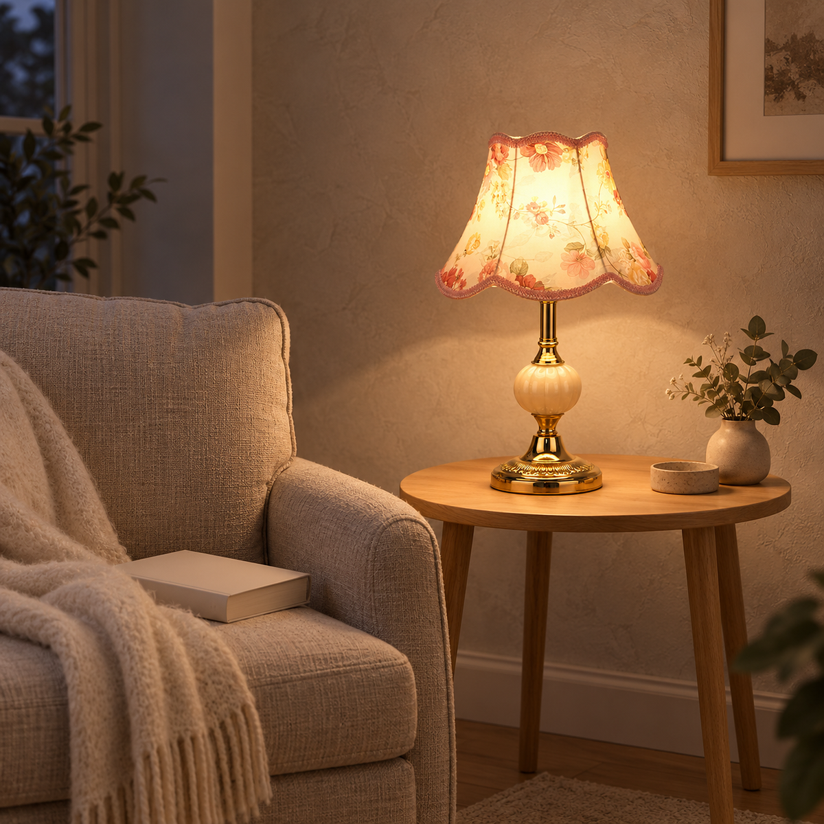 Venorel bedside lamp in gold and cream with a floral shade, lit on a small armchair side table