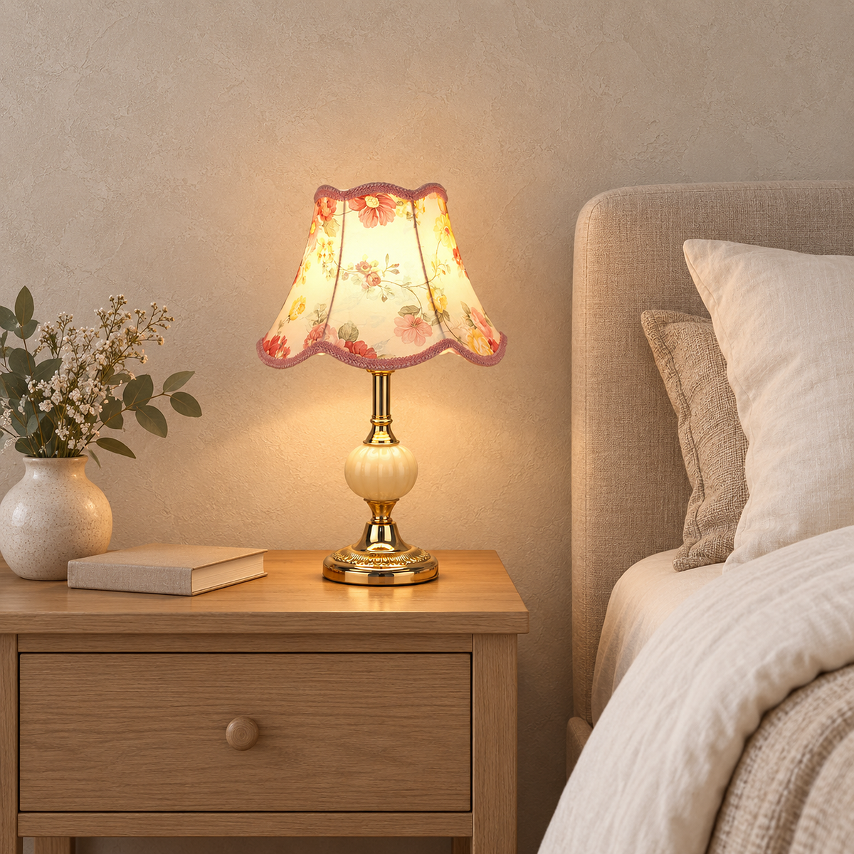 Venorel bedside lamp with a floral shade and gold base glowing with warm light beside the bed