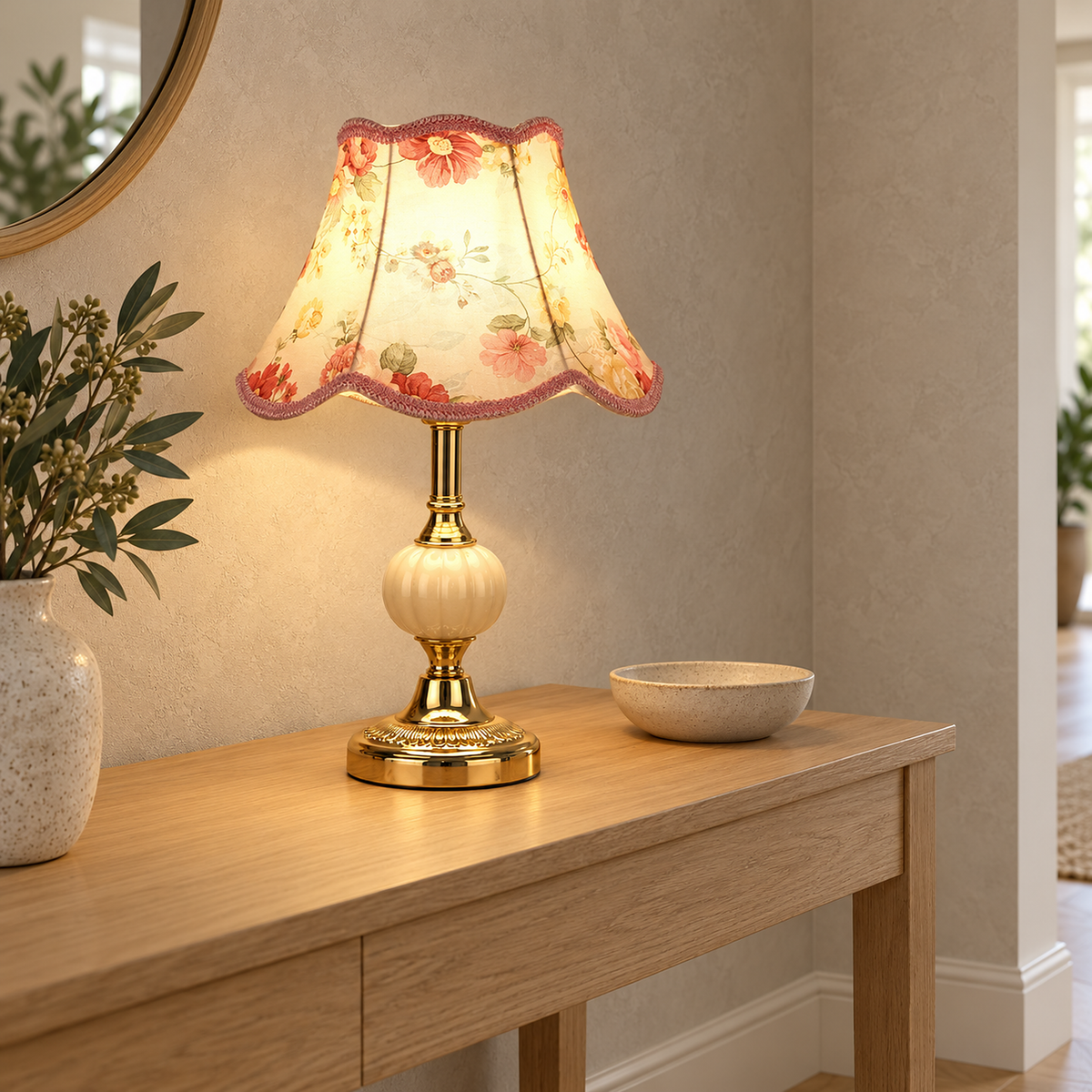 Venorel floral table lamp detail of the cream ribbed globe and round gold base with a raised rim