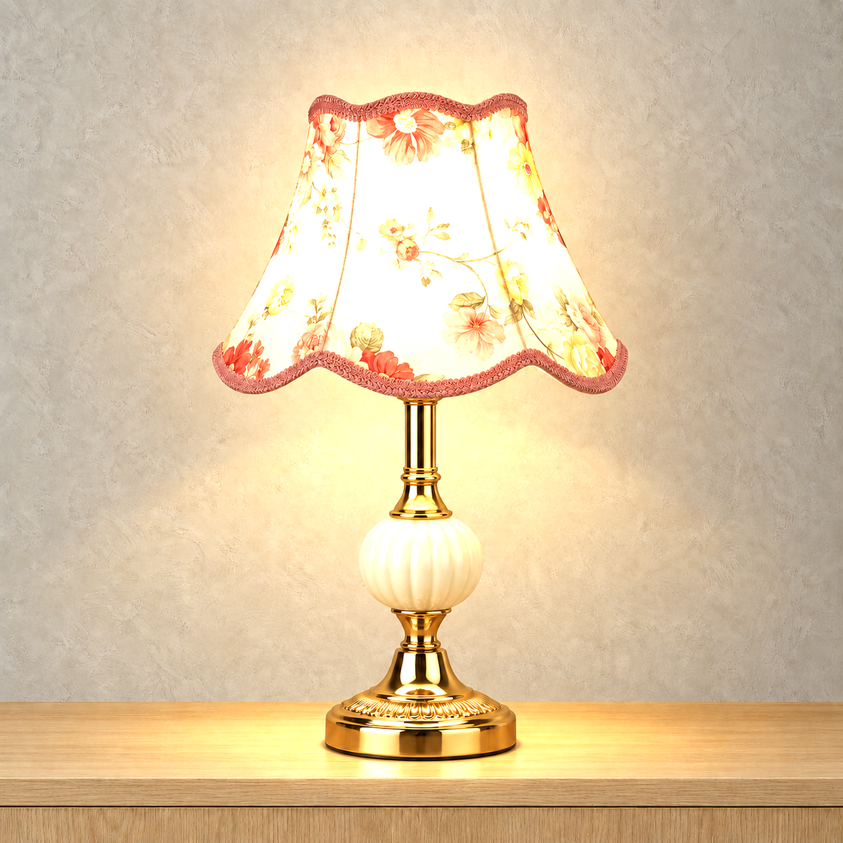 Venorel floral table lamp lit against warm plaster, its floral shade edged in pink above a gold base