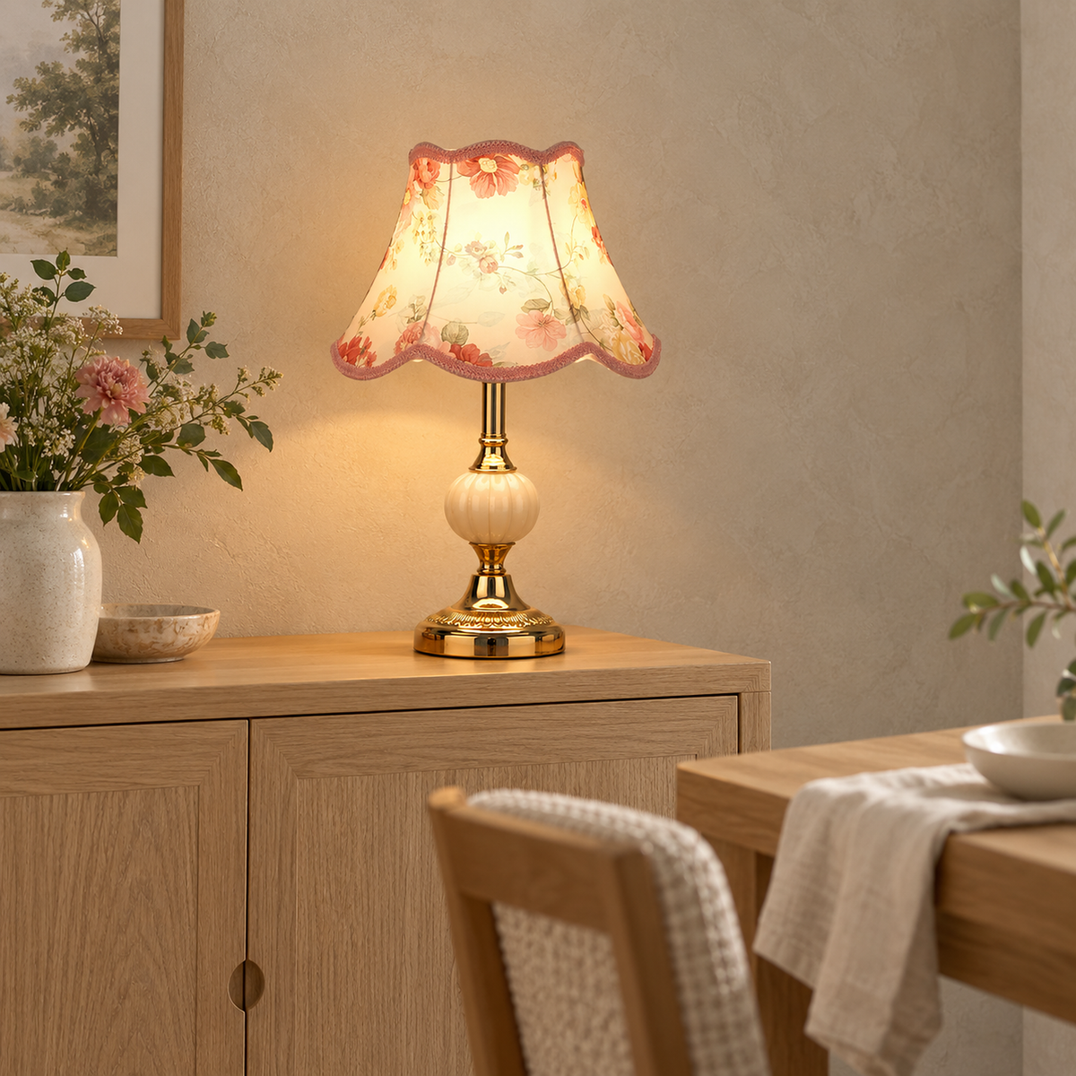Venorel gold and cream table lamp with a floral shade glowing on a dining room sideboard