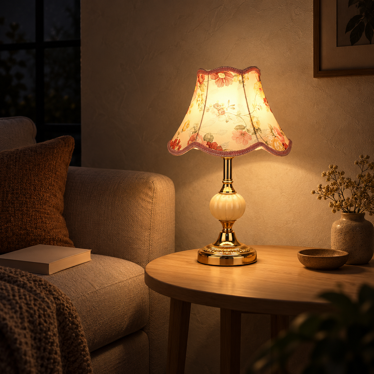 Venorel gold and cream table lamp with a floral shade lighting a sofa corner at night