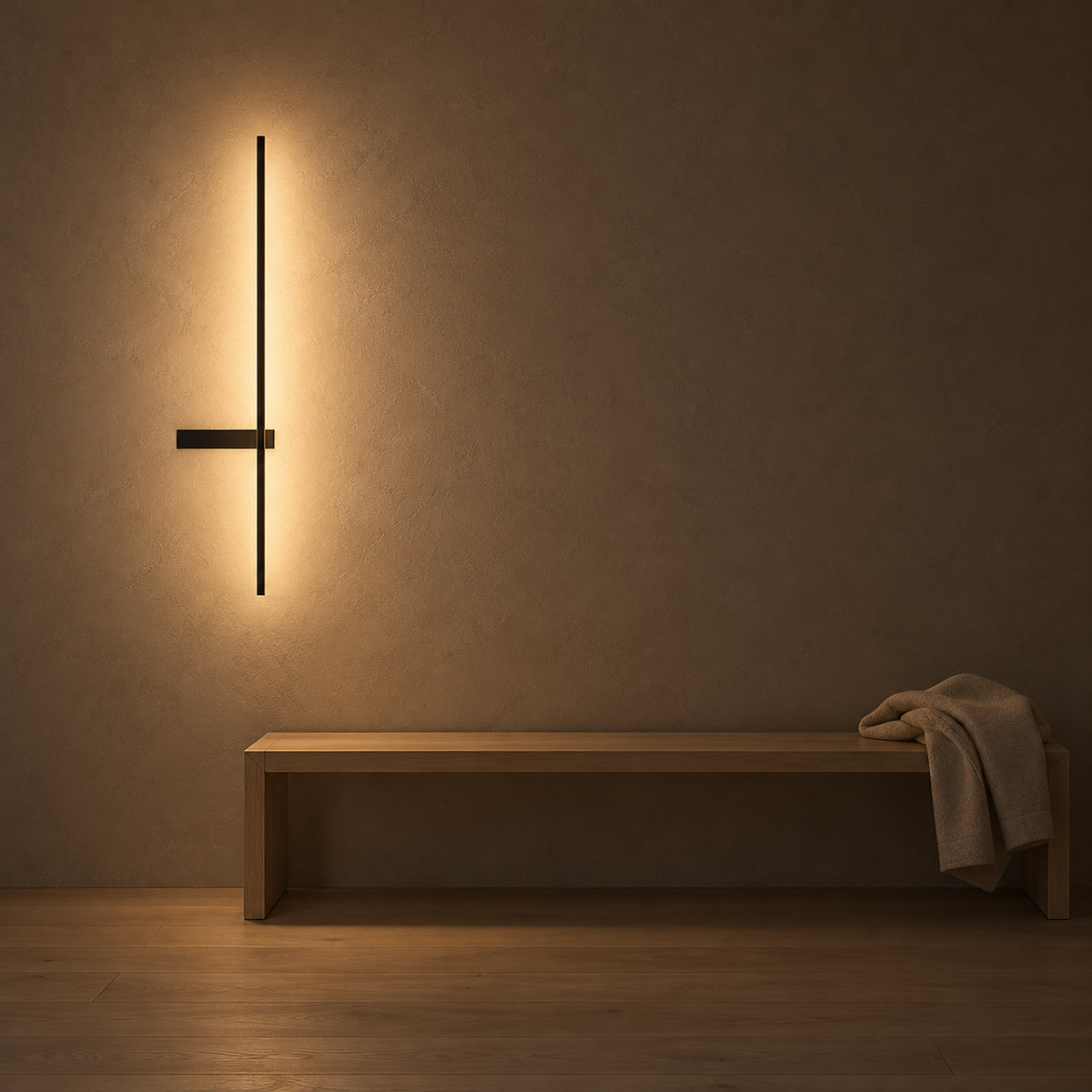 Vesarilo black battery operated wall sconce casting warm light above an entry bench at night