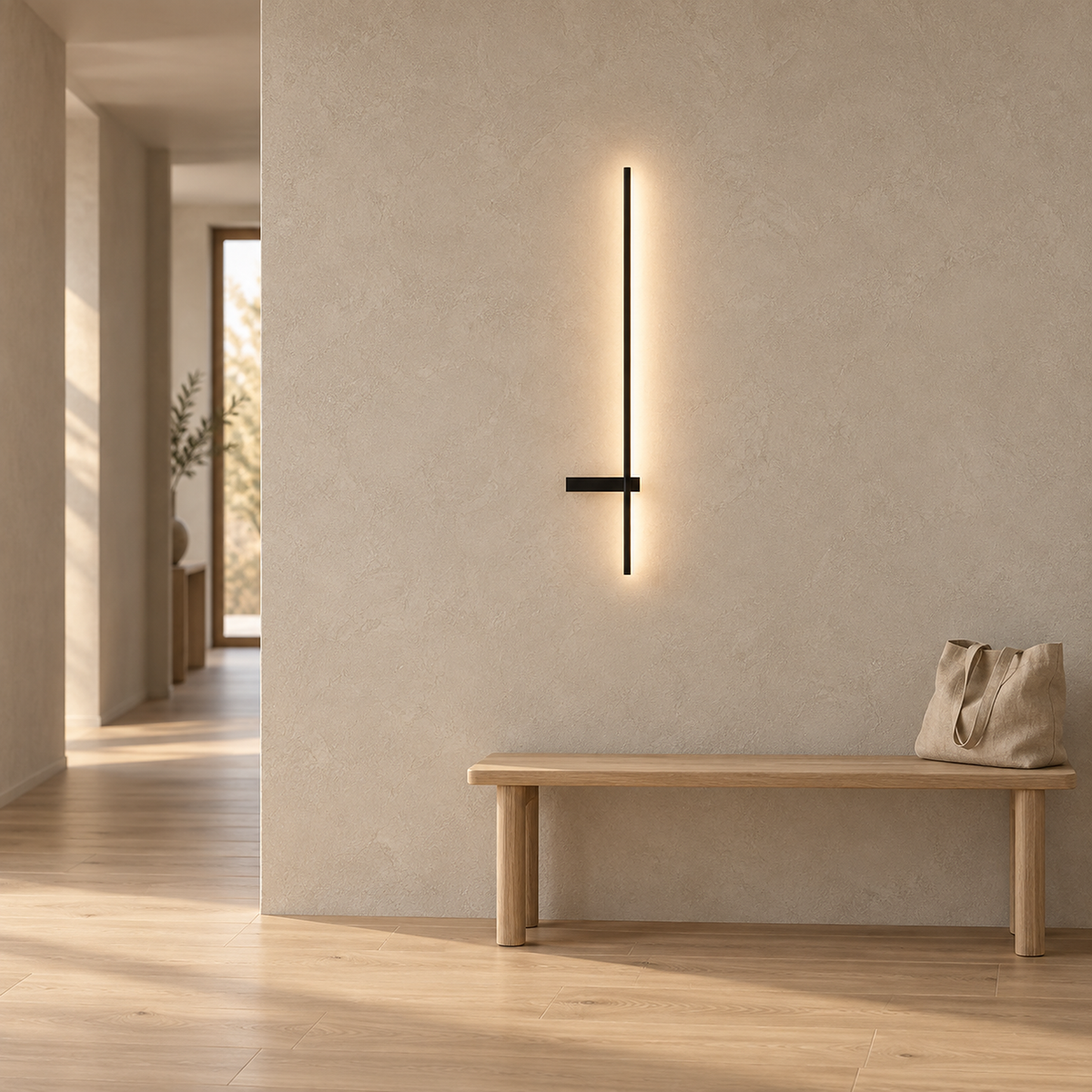 Vesarilo black cordless wall lamp glowing on a bare hallway wall with no cable