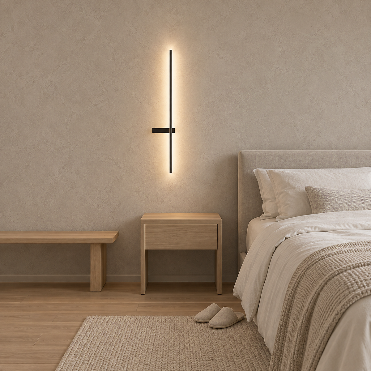 Vesarilo black cordless wall lamp lit above an empty bedside table in a bedroom