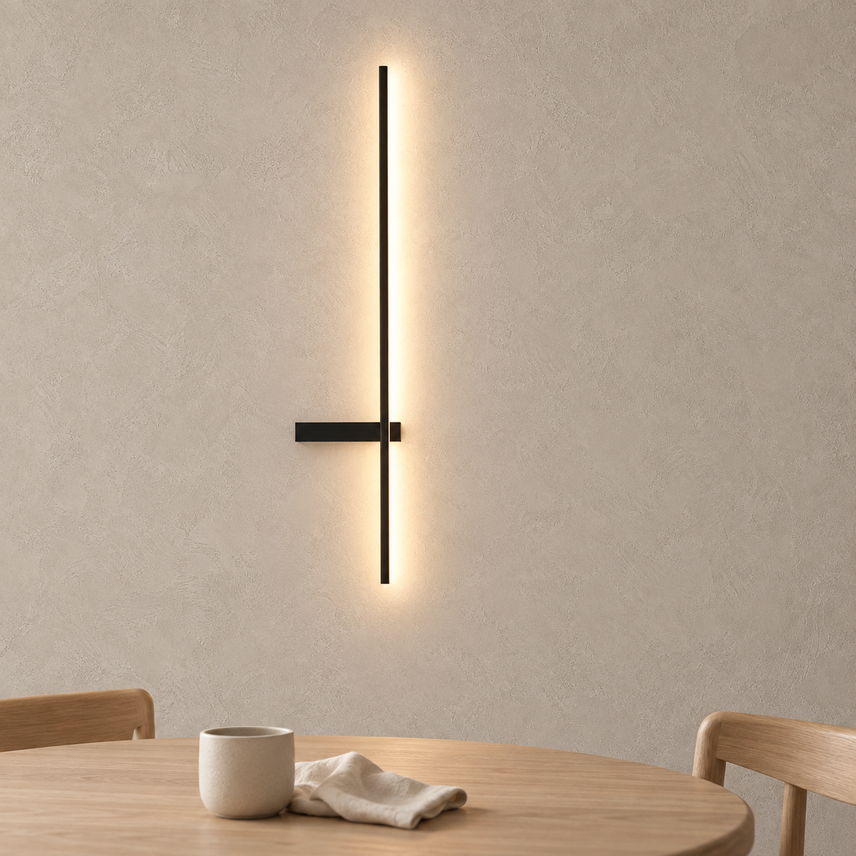 Vesarilo black rechargeable wall sconce glowing beside a dining table in daylight