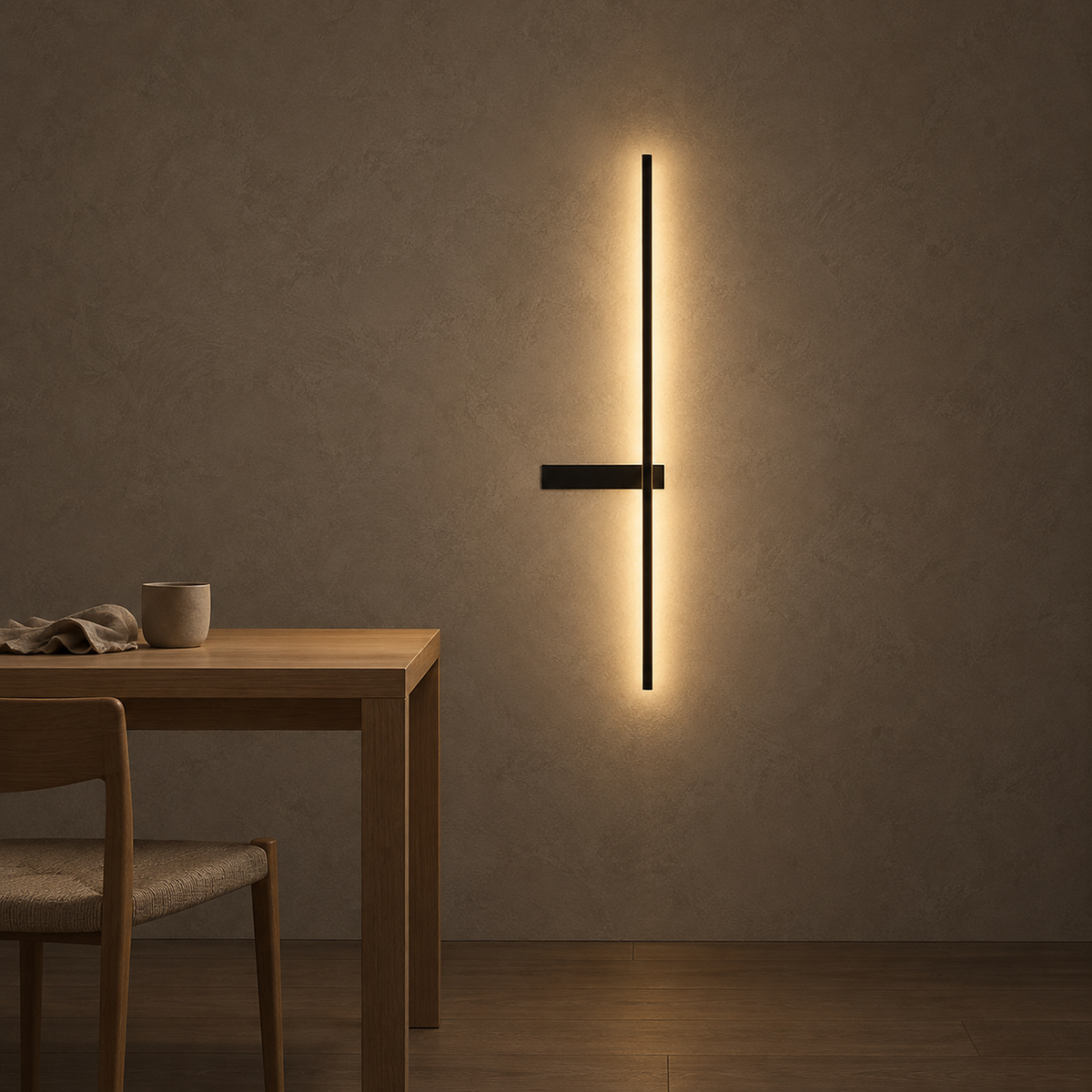 Vesarilo black wireless wall light throwing a long warm wash on a dark dining room wall