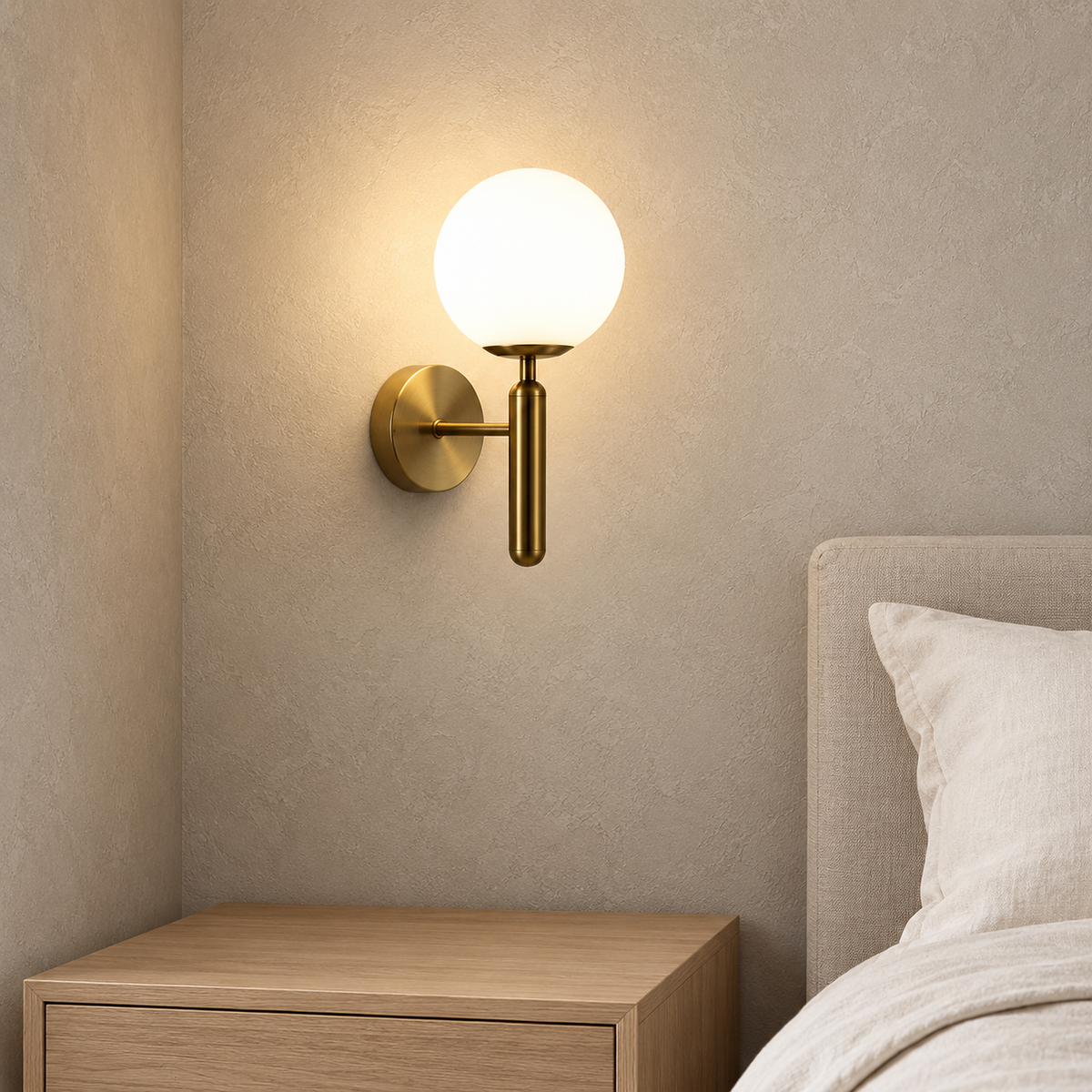 Vesilan gold and white plug in wall light glowing above a clear nightstand in a guest sleeping alcove