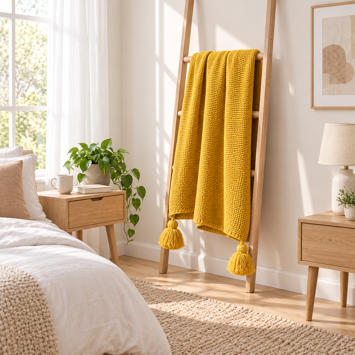 Vesolmi mustard knit throw blanket hung over a wooden blanket ladder with corner tassels hanging free