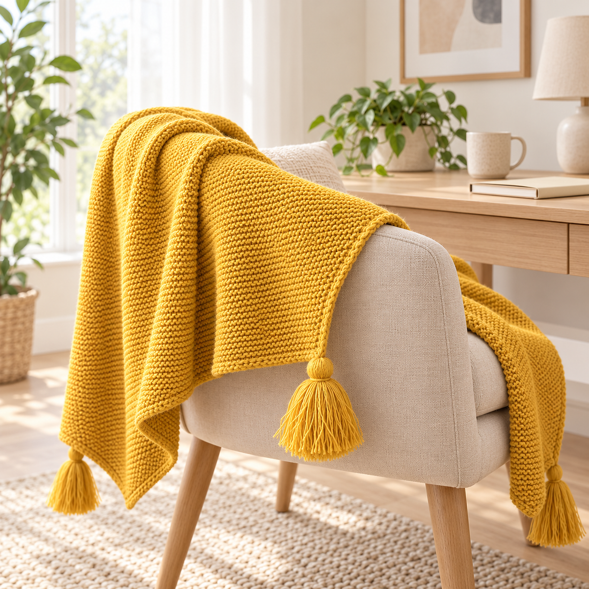 Vesolmi mustard knit throw blanket showing a corner tassel and the finished edge