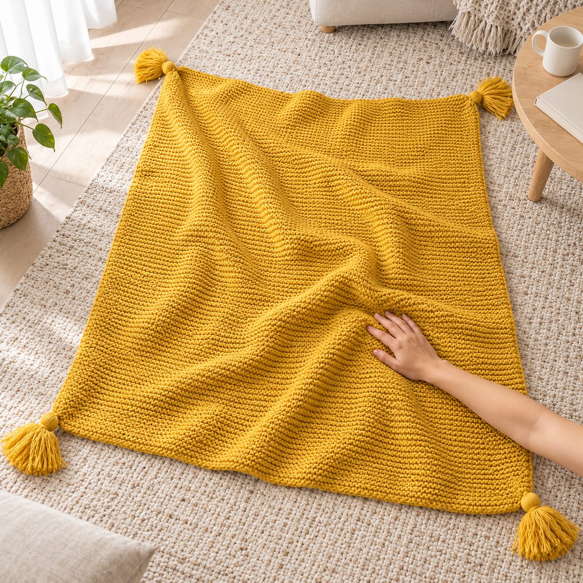 Vesolmi mustard knit throw blanket under a hand pressing gently into the knitted fabric