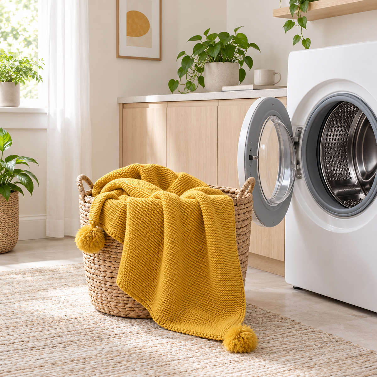 Vesolmi mustard throw blanket beside an open washing machine ready for a cold gentle wash