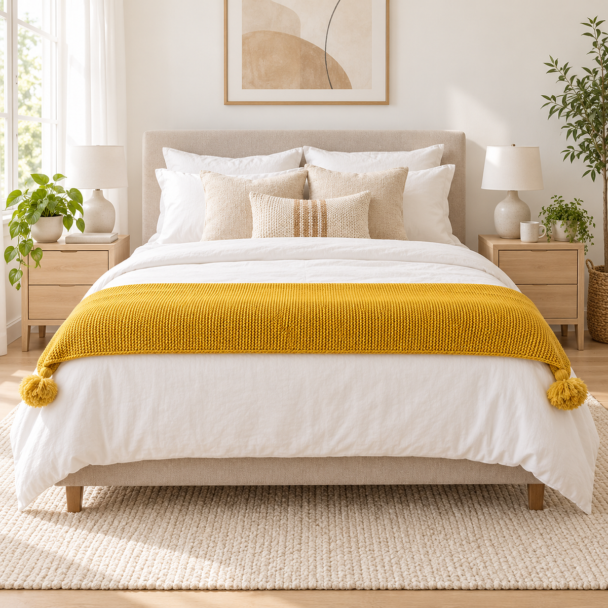 Vesolmi mustard throw blanket folded lengthwise as a color accent across a queen bed