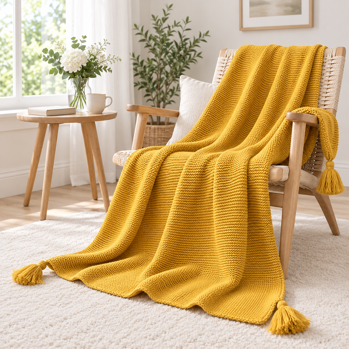 Vesolmi mustard throw blanket for couch over a reading chair with corner tassels resting on an ivory rug