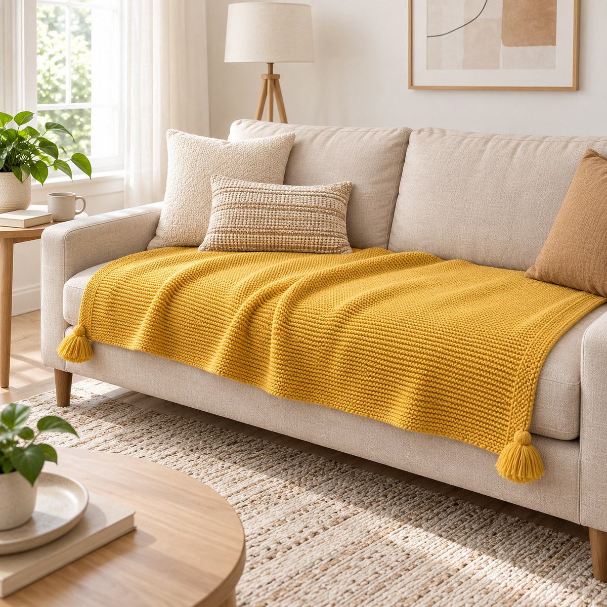 Vesolmi mustard throw blanket for couch spread across the seat of a light gray sofa