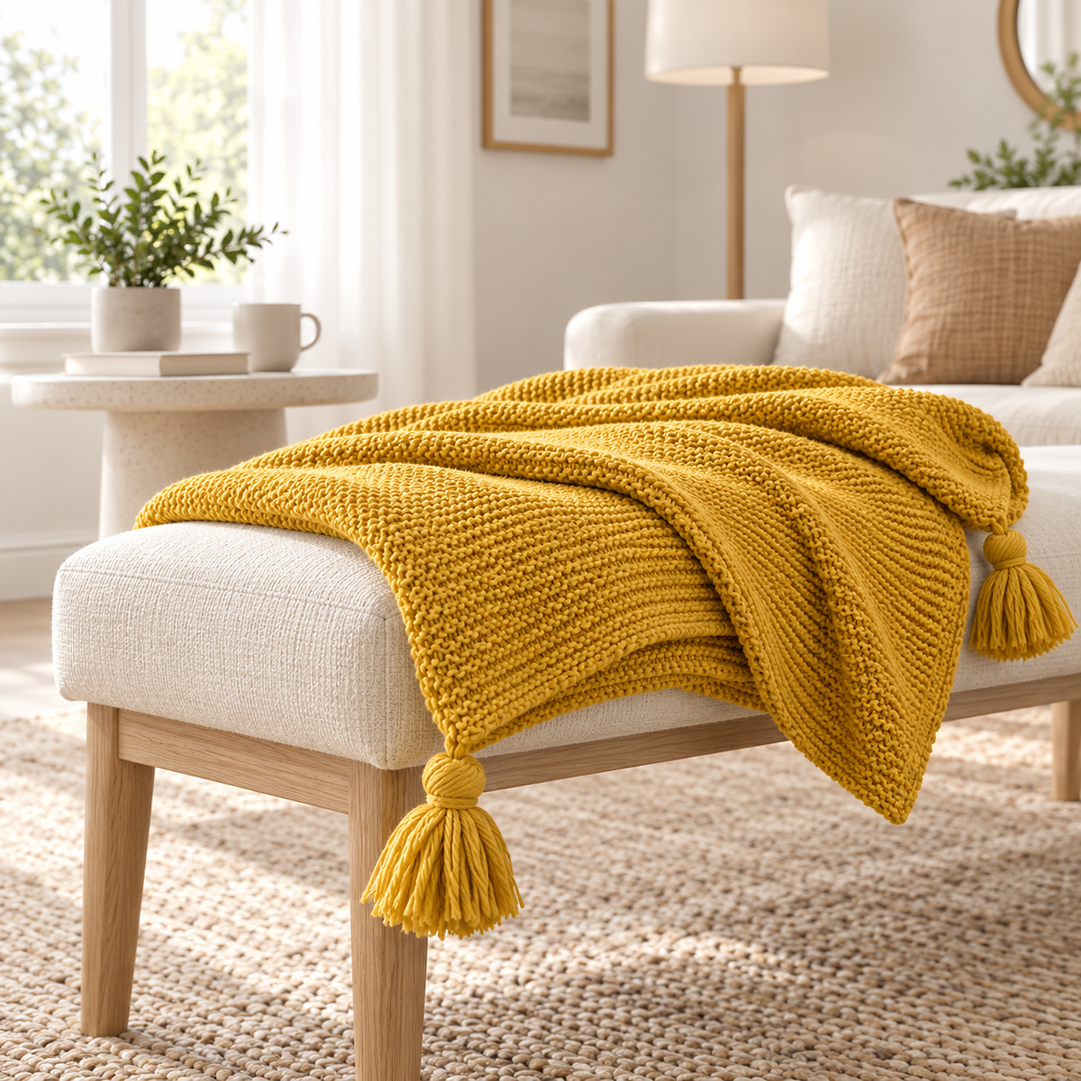 Vesolmi mustard throw blanket loosely folded in thin layers on a dressing room bench