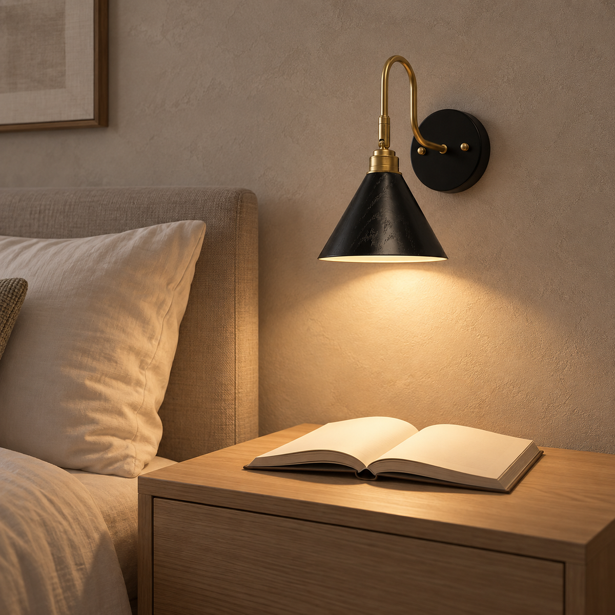Vesomira black and black canopy bedside lamp casting light onto open pages #color_black & black canopy