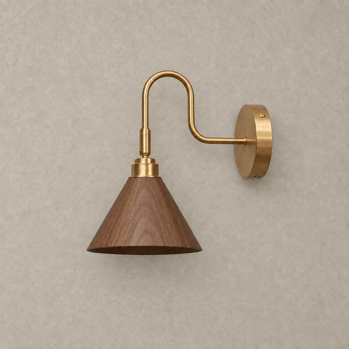 Vesomira walnut and gold canopy wall sconce shown unlit on a plain backdrop #color_walnut & gold canopy