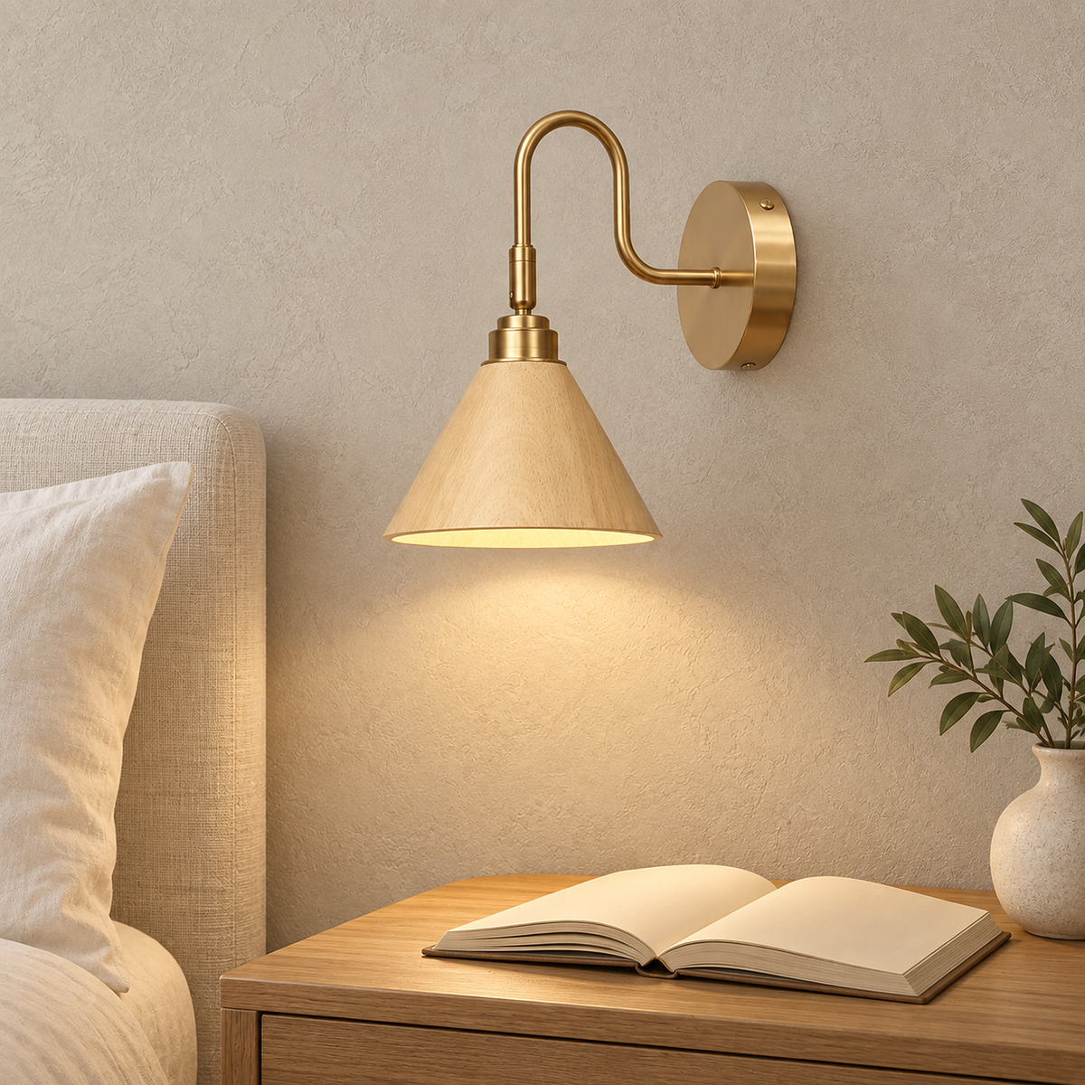 Vesomira wood and gold canopy bedside lamp lighting an open book in a guest bedroom by day