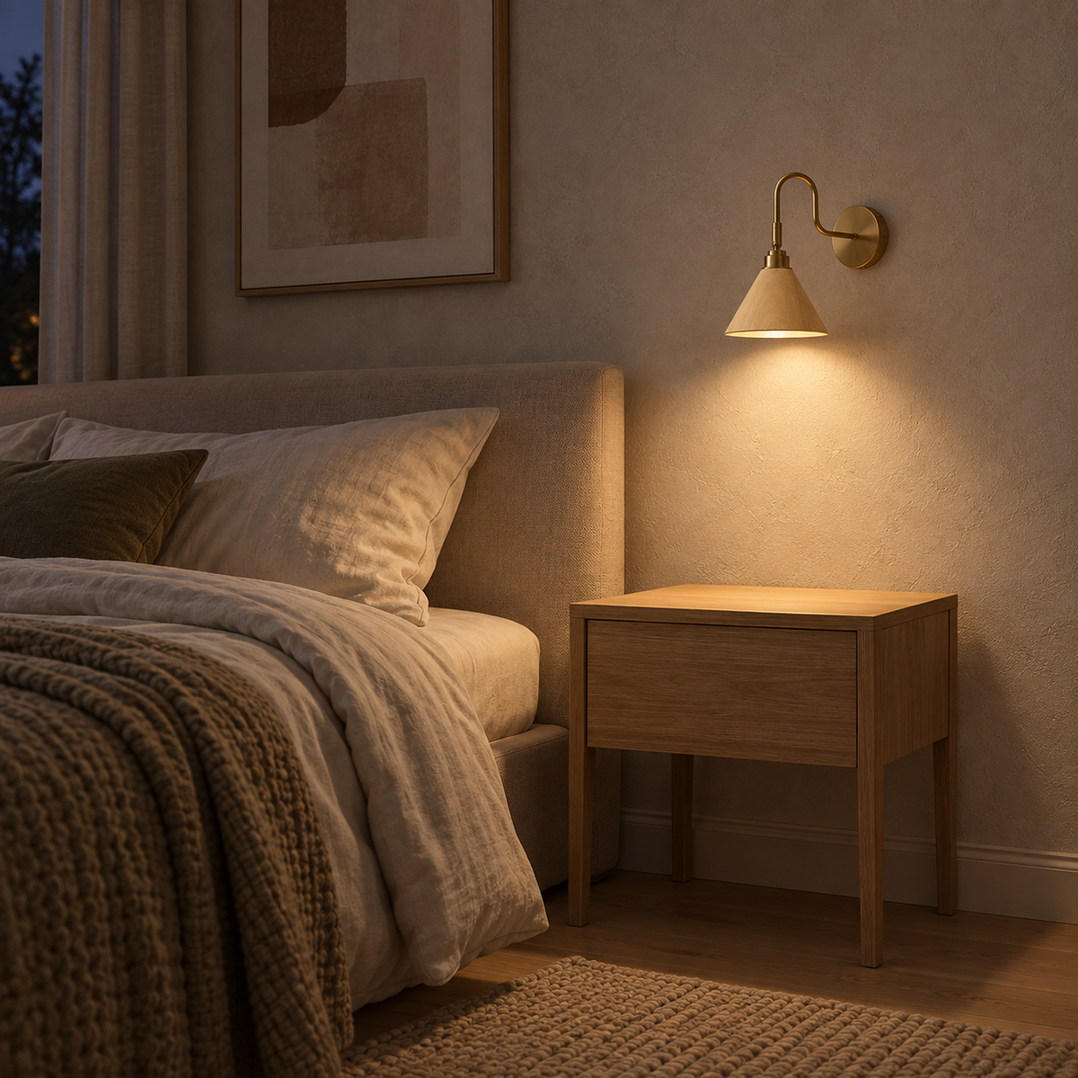 Vesomira wood and gold canopy bedside lamp mounted on the wall leaving the table clear