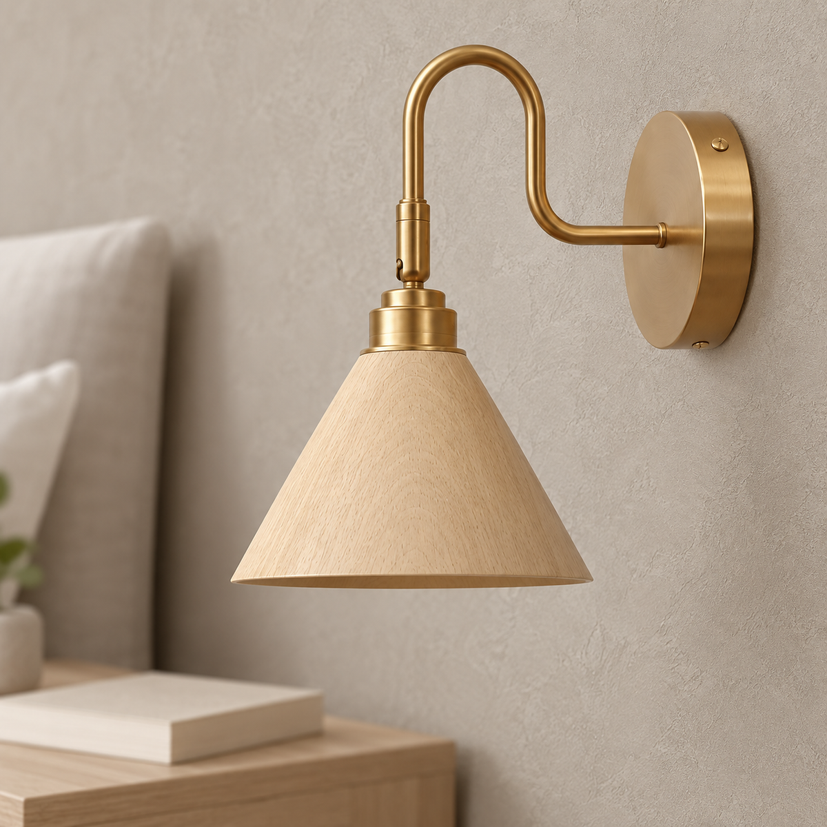 Vesomira wood and gold canopy wall sconce seen from below showing the cone opening and bulb