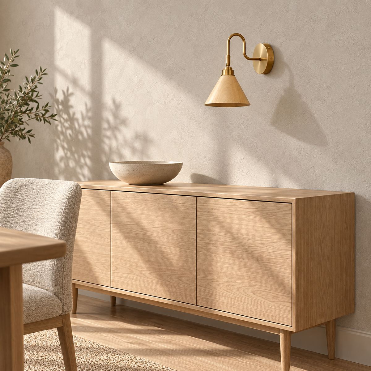 Vesomira wood and gold canopy wall sconce unlit above a sunlit dining sideboard