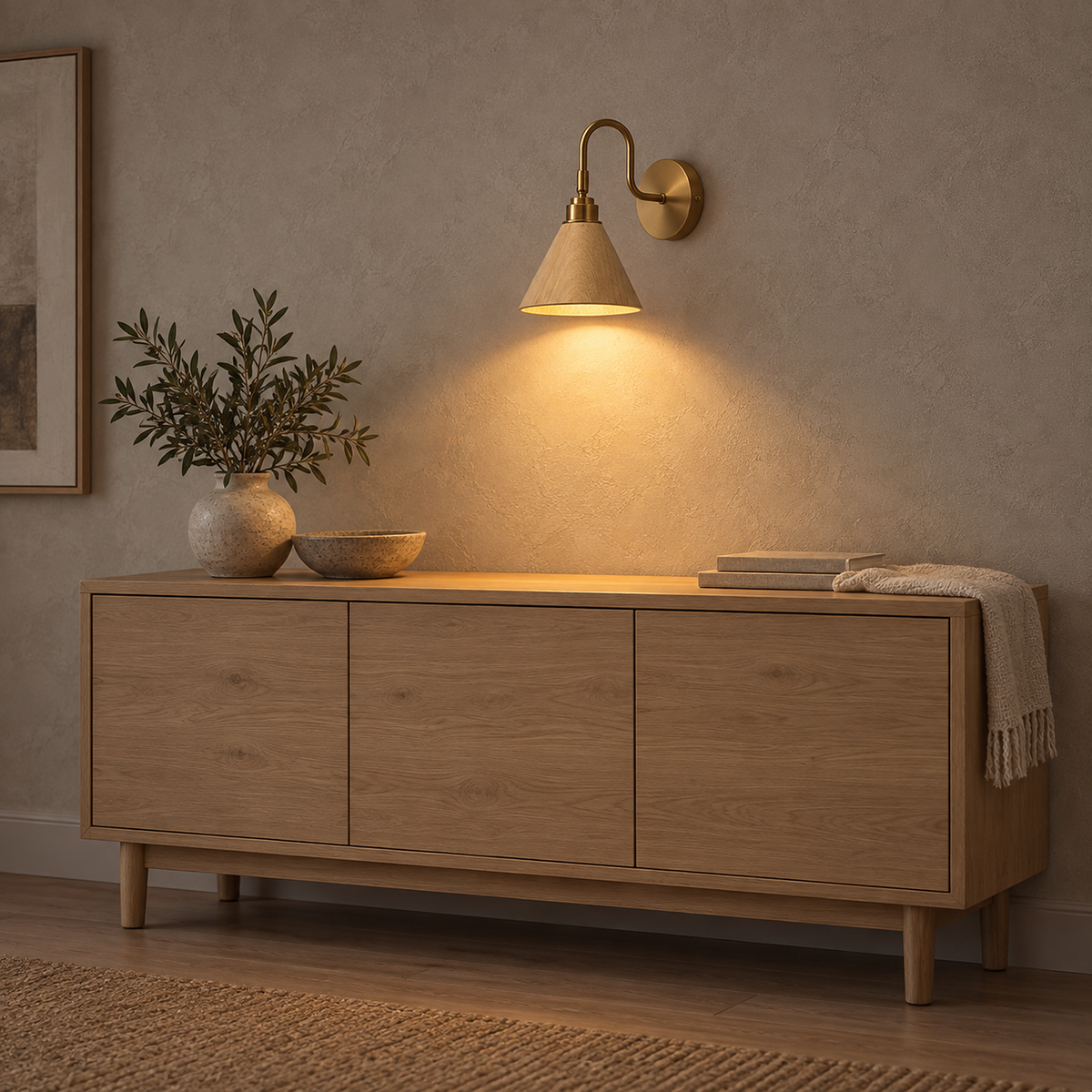 Vesomira wood and gold canopy wall sconce detail of the curved arm and wood grain in a dining room