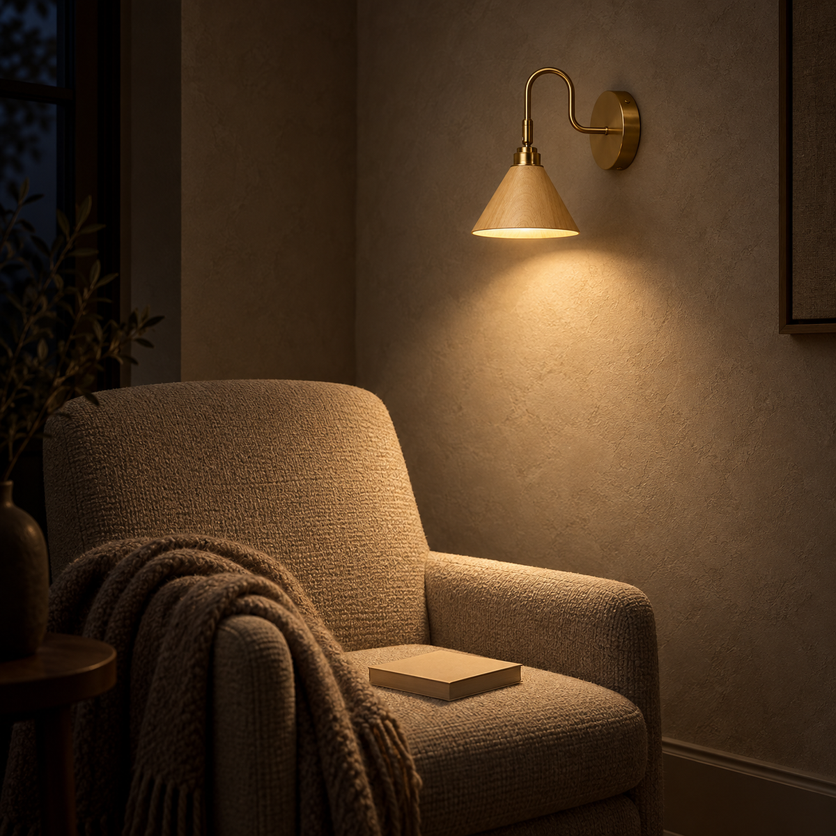 Vesomira wood and gold canopy wall sconce pooling warm light over a reading chair at night
