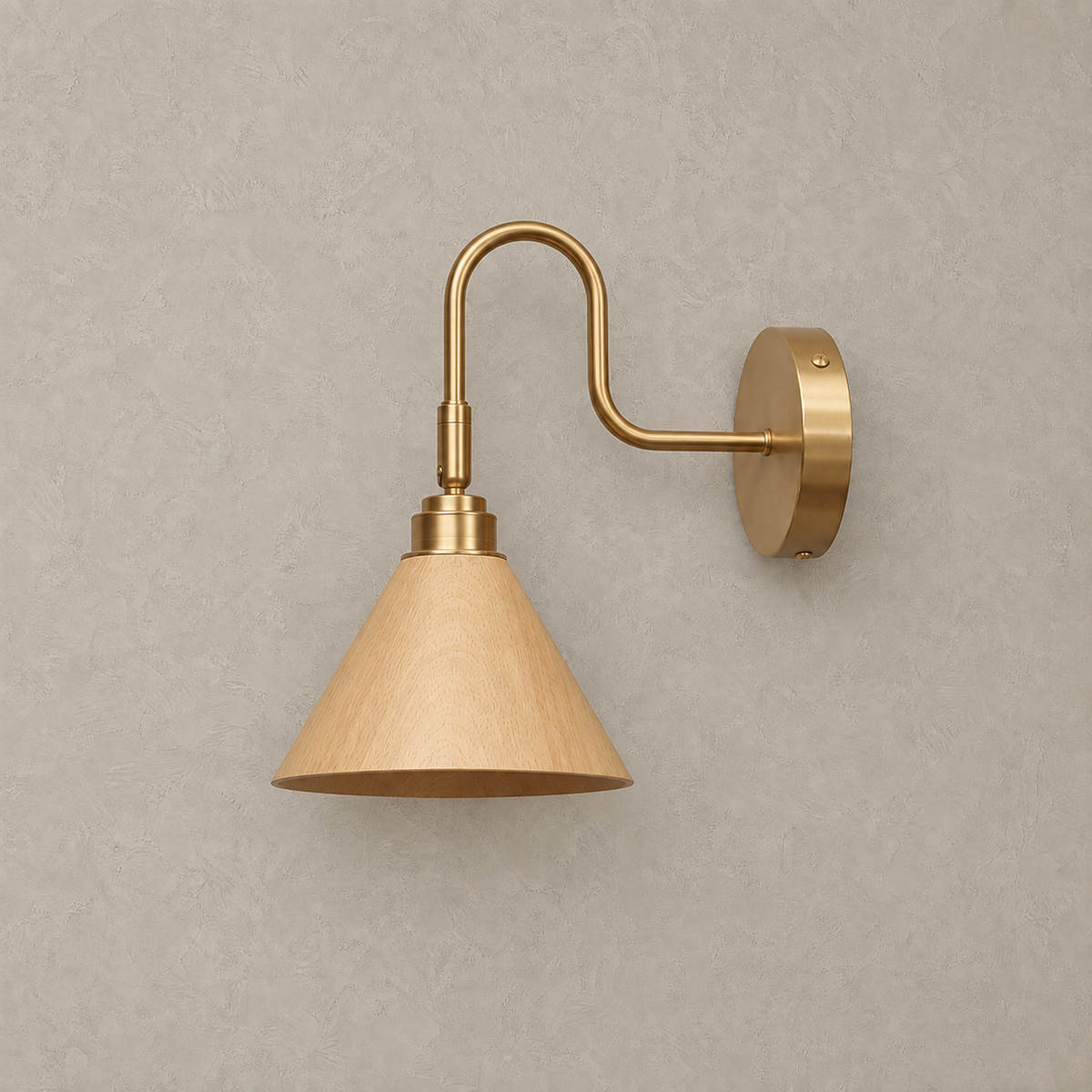 Vesomira wood and gold canopy wall sconce shown unlit against a plain plaster wall