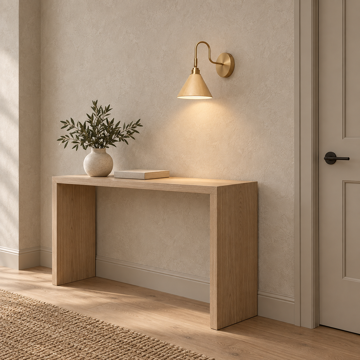 Vesomira wood and gold canopy wall sconce sitting flush on a hallway wall above a console