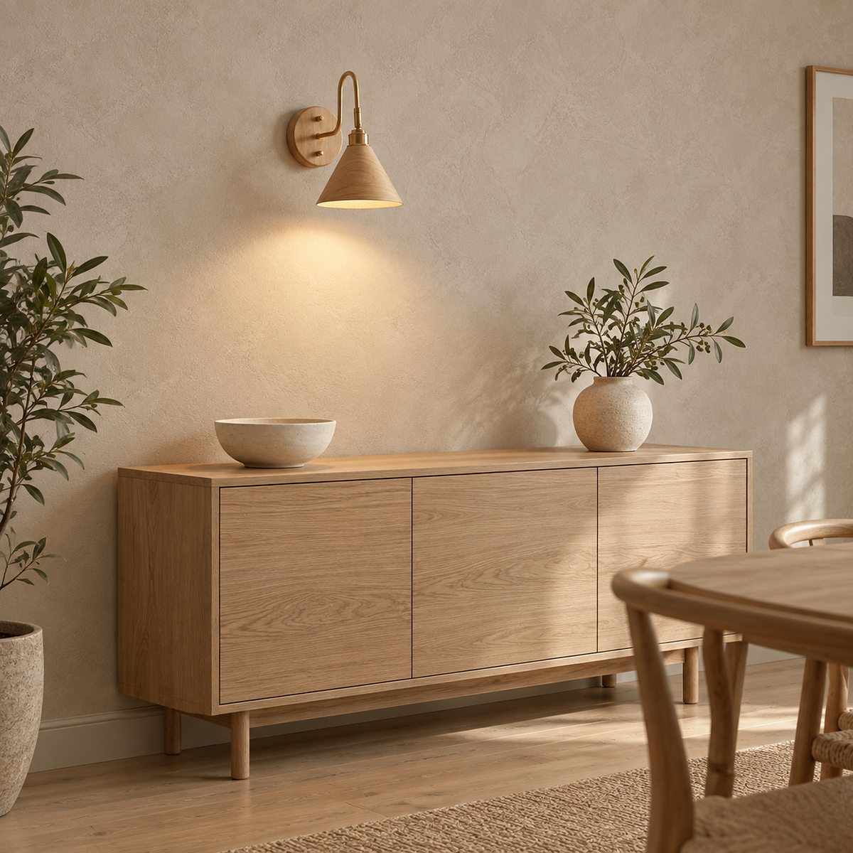 Vesomira wood and wood canopy wall sconce lit above a dining room sideboard by day #color_wood & wood canopy